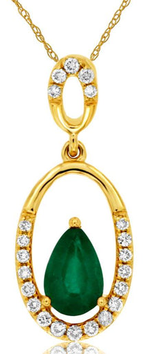0.48CT DIAMOND & AAA EMERALD 14KT YELLOW GOLD PEAR SHAPE & ROUND FLOATING PENDANT