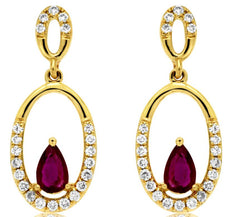ESTATE .64CT DIAMOND & AAA RUBY 14K YELLOW GOLD PEAR SHAPE OVAL HANGING EARRINGS