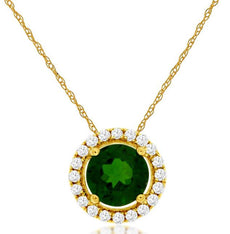 0.63CT DIAMOND & AAA RUSSALITE 14KT YELLOW GOLD ROUND HALO LOVE FLOATING PENDANT