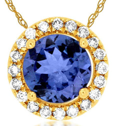 .58CT DIAMOND & AAA TANZANITE 14KT YELLOW GOLD 3D ROUND HALO FLOATING PENDANT