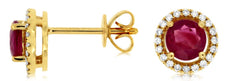 1.09CT DIAMOND & AAA RUBY 14KT YELLOW GOLD 3D CLASSIC ROUND HALO STUD EARRINGS