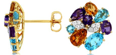 3.9CT DIAMOND & AAA MULTI GEM 14KT YELLOW GOLD MULTI SHAPE CLUSTER STUD EARRINGS