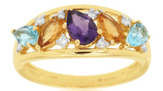 1.24CT DIAMOND & AAA MULTI GEM 14KT YELLOW GOLD 3D PEAR SHAPE & ROUND FUN RING