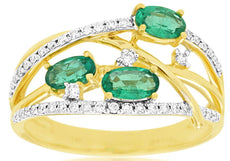 0.90CT DIAMOND & AAA EMERALD 14KT YELLOW GOLD OVAL & ROUND CRISS CROSS FUN RING
