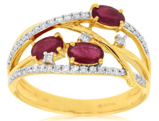 .90CT DIAMOND & AAA RUBY 14KT YELLOW GOLD 3D OVAL & ROUND CRISS CROSS FUN RING