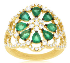 1.85CT DIAMOND & AAA EMERALD 14KT YELLOW GOLD 3D OPEN FILIGREE FLOWER FUN RING