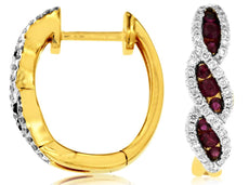 0.55CT DIAMOND & AAA RUBY 14KT YELLOW GOLD 3D INFINITY HUGGIE HANGING EARRINGS
