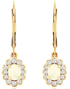 0.73CT DIAMOND & AAA OPAL 14K YELLOW GOLD OVAL & ROUND LEVERBACK HANGING EARRINGS