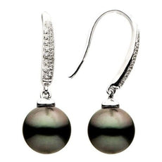 ESTATE .12CT DIAMOND & AAA TAHITIAN PEARL 18KT WHITE GOLD 3D LEVEBACK EARRINGS
