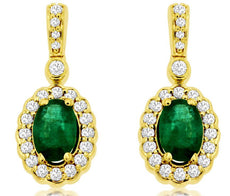 1.23CT DIAMOND & AAA EMERALD 14KT YELLOW GOLD 3D OVAL & ROUND FLOWER EARRINGS