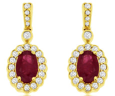 1.33CT DIAMOND & AAA RUBY 14KT YELLOW GOLD OVAL & ROUND FLOWER HANGING EARRINGS