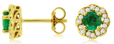 .90CT DIAMOND & AAA EMERALD 14KT YELLOW GOLD 3D FLOWER FILIGREE STUD EARRINGS