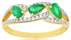 0.81CT DIAMOND & AAA EMERALD 14KT YELLOW GOLD PEAR SHAPE & ROUND MULTI LEAF RING