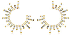 0.75CT DIAMOND 14KT YELLOW GOLD ROUND & BAGUETTE SUNBURST SIDEWAYS HOOP EARRINGS