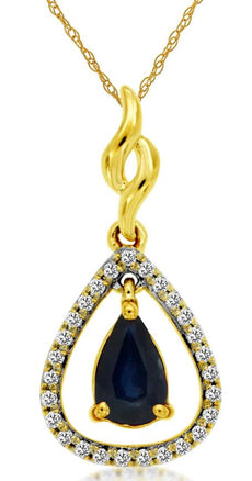 0.63CT DIAMOND & AAA SAPPHIRE 14K YELLOW GOLD PEAR SHAPE & ROUND FLOATING PENDANT