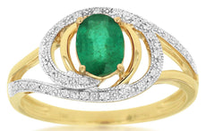 0.78CT DIAMOND & AAA EMERALD 14KT YELLOW GOLD OVAL & ROUND CRISS CROSS LOVE RING