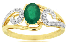 0.79CT DIAMOND & AAA EMERALD 14KT YELLOW GOLD OVAL & ROUND DOUBLE SWIRL FUN RING