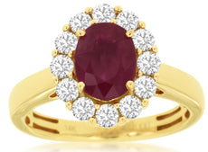 2.0CT DIAMOND & AAA RUBY 14KT YELLOW GOLD 3D OVAL & ROUND FLOWER CLASSIC RING