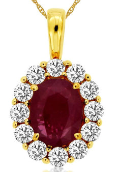 2CT DIAMOND & AAA RUBY 14KT YELLOW GOLD 3D OVAL & ROUND FLOWER FLOATING PENDANT