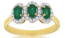 0.83CT DIAMOND & AAA EMERALD 14KT YELLOW GOLD OVAL & ROUND 3 STONE HALO LOVE RING