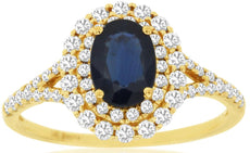 1.5CT DIAMOND & AAA SAPPHIRE 14KT YELLOW GOLD OVAL & ROUND HALO ENGAGEMENT RING