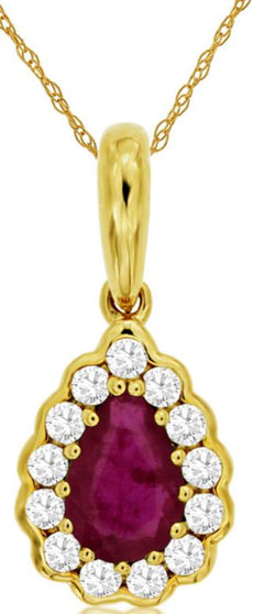 .59CT DIAMOND & AAA RUBY 14K YELLOW GOLD PEAR SHAPE & ROUND FLOWER BEZEL PENDANT