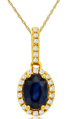 1.12CT DIAMOND & AAA SAPPHIRE 14K YELLOW GOLD OVAL & ROUND HALO FLOATING PENDANT
