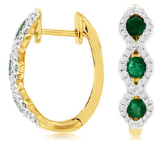 0.85CT DIAMOND & AAA EMERALD 14KT YELLOW GOLD 3 STONE INFINITY HANGING EARRINGS
