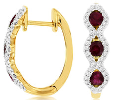 0.89CT DIAMOND & AAA RUBY 14KT YELLOW GOLD 3D 3 STONE INFINITY HANGING EARRINGS
