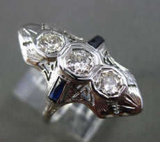 ANTIQUE LARGE .70CT DIAMOND & SAPPHIRE 14KT WHITE GOLD 3D 3 STONE FILIGREE RING