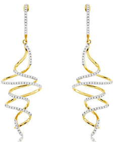 0.43CT DIAMOND 14K 2 TONE GOLD MULTI ROW DOUBLE SWIRL CHANDELIER HANGING EARRINGS