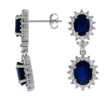 ESTATE 6.50CT DIAMOND & AAA SAPPHIRE 14KT WHITE GOLD OVAL HALO HANGING EARRINGS