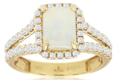 1.61CT DIAMOND & AAA OPAL 14KT YELLOW GOLD EMERALD CUT & ROUND FRIENDSHIP RING