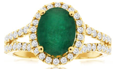 2.32CT DIAMOND & AAA EMERALD 14KT YELLOW GOLD 3D OVAL & ROUND ENGAGEMENT RING