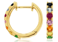 1.10CT AAA MULTI COLOR SAPPHIRE 14KT YELLOW GOLD 3D HUGGIE HOOP HANGING EARRINGS