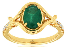 1.2CT DIAMOND & AAA EMERALD 14KT YELLOW GOLD OVAL & ROUND DOUBLE SWIRL FUN RING