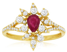 0.90CT DIAMOND & AAA RUBY 14KT YELLOW GOLD 3D PEAR SHAPE & ROUND FLOWER LOVE RING
