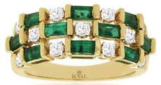 1.97CT DIAMOND & AAA EMERALD 14KT YELLOW GOLD SQUARE & ROUND 3 ROW BAMBOO RING