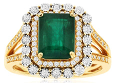 2.33CT DIAMOND & AAA EMERALD 14KT YELLOW GOLD 3D SQUARE & ROUND ENGAGEMENT RING