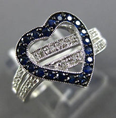 ESTATE 1.31CT DIAMOND & SAPPHIRE 14KT WHITE GOLD 3D HEART LOVE VALENTINES RING