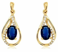1.40CT DIAMOND & AAA SAPPHIRE 14K YELLOW GOLD 3D OVAL & ROUND TEAR DROP EARRINGS