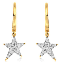 .14CT DIAMOND 14KT YELLOW GOLD 3D CLASSIC PAVE STAR LEVERBACK HANGING EARRINGS
