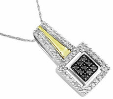 .40CT WHITE & BLACK DIAMOND 14KT 2 TONE GOLD 3D CLUSTER SQUARE HALO FUN PENDANT