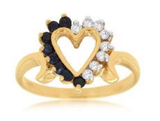 ESTATE .19CT DIAMOND & AAA SAPPHIRE 14K YELLOW GOLD CLASSIC OPEN HEART LOVE RING