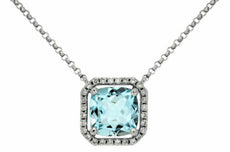 1.89CT DIAMOND & AAA AQUAMARINE 14KT WHITE GOLD 3D CUSHION OCTAGON HALO NECKLACE