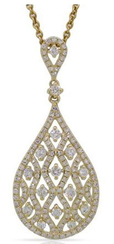 .90CT DIAMOND 14KT YELLOW GOLD 3D TEAR DROP CLASSIC FILIGREE FLOATING PENDANT