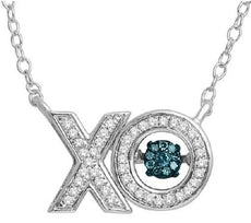 ESTATE .15CT WHITE & BLUE DIAMOND 14KT WHITE GOLD 3D CLASSIC XO LOVE NECKLACE