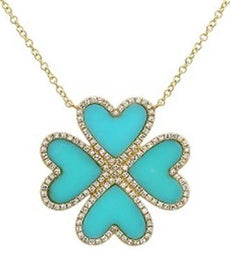 2.54CT DIAMOND & AAA TURQUOISE 14KT YELLOW GOLD MULTI HEART FLOWER LOVE NECKLACE