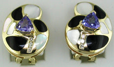 .97CT DIAMOND & AAA TANZANITE ONYX & MOTHER OF PEARL 14KT YELLOW GOLD EARRINGS