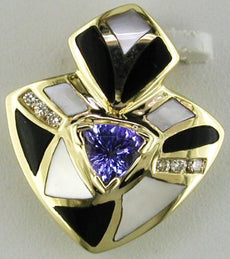 .51CT DIAMOND & AAA TANZANITE ONYX & MOTHER OF PEARL 14KT YELLOW GOLD 3D PENDANT